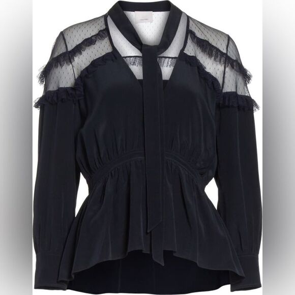 Cinq a Sept Peyton 100% Silk Blue Blouse Shirt Button Down Tie Neck Size M - Picture 8 of 14